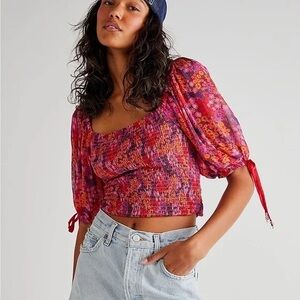 Free People Back on Top Crop Top in Pink Multi Combo Size Small Smocked Floral